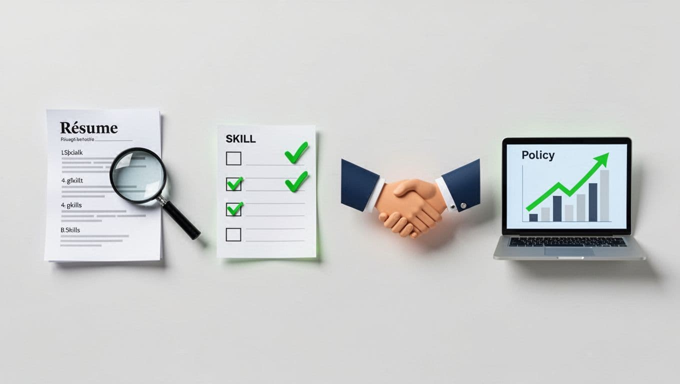 Flowchart of icons: resume document, magnifying glass over skills, ticked checklist, virtual handshake, laptop with policy graph.