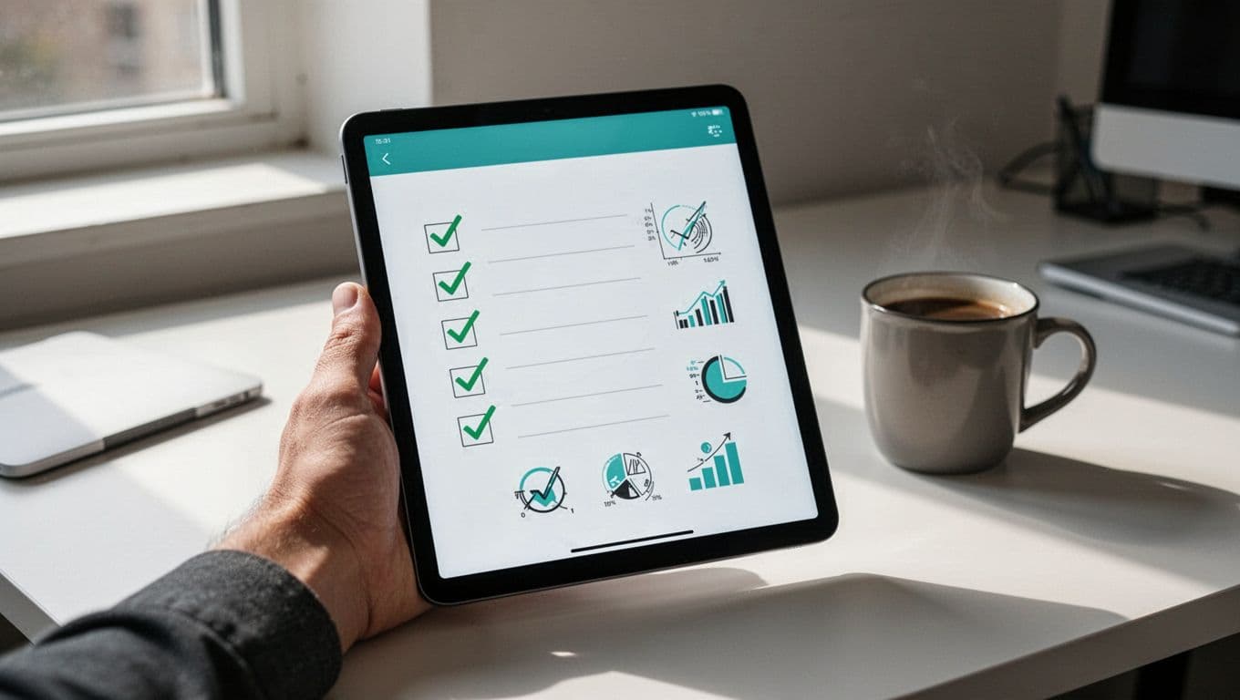 Modern illustration featuring a hand holding a digital tablet displaying a simple scorecard checklist with checkmarks and scores for criteria like Python skills and SOAR experience, set on an office desk with a nearby coffee mug.