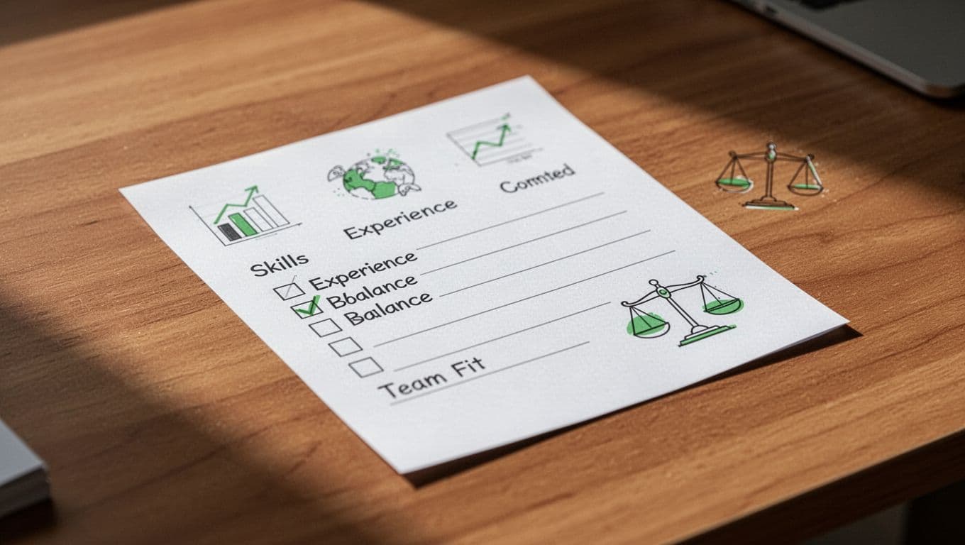 Illustrated hiring scorecard document on wooden desk with icons for skills, experience, balance, and team fit.