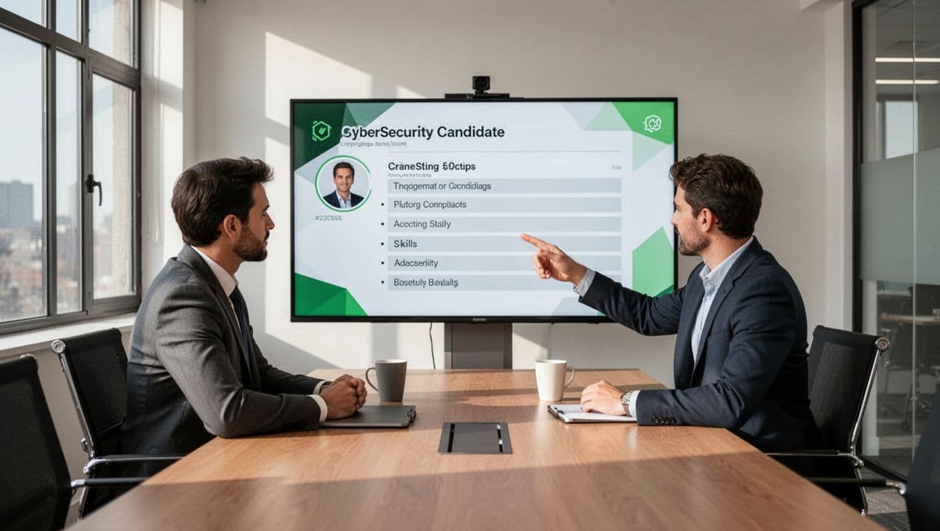 Modern illustration of a two-person hiring team in a conference room reviewing a cybersecurity candidate profile on a shared screen, with one person pointing to the skills section, using clean shapes, controlled colors with green accents, and natural lighting.