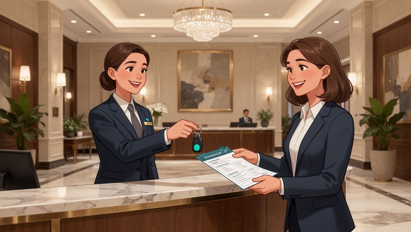 Modern illustration of a hotel concierge behind the front desk handing a room key and personalized itinerary to a smiling guest in an elegant lobby with soft lighting.