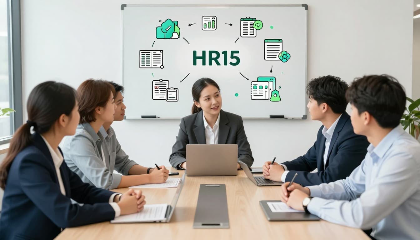Cross-functional team of HR and finance professionals gathered around a conference table planning a tabletop exercise, with a whiteboard showing payroll and data icons in the background. Modern illustration in clean shapes and a controlled color palette accented by green highlights.