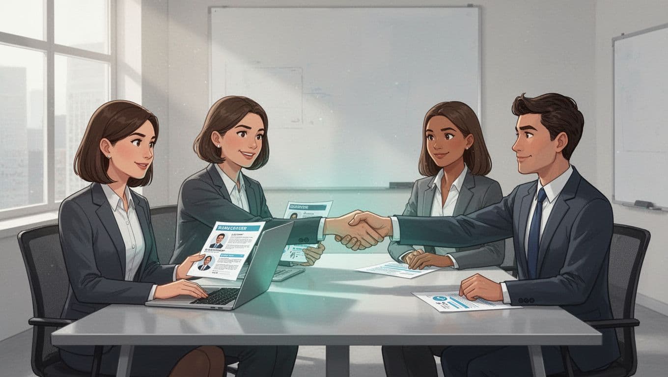 Modern illustration of business professionals in a sunlit meeting room: hiring manager and HR lead reviewing candidate profiles on a laptop while shaking hands with a recruiter across the table.