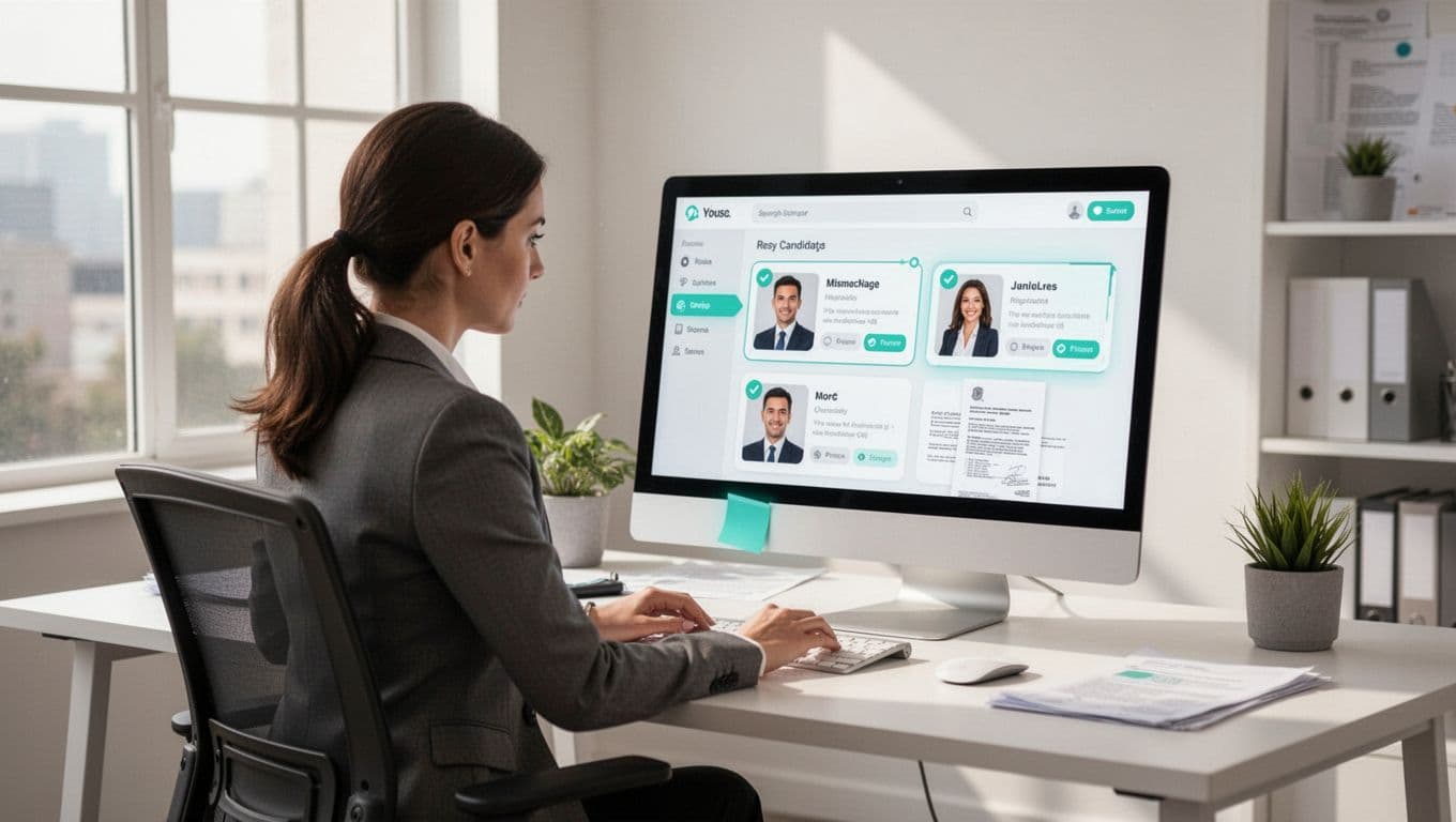 Modern illustration of an HR professional at a desk reviewing candidate profiles on a screen, spotting suspicious inconsistencies like mismatched photos and documents highlighted by warning icons in green accents.