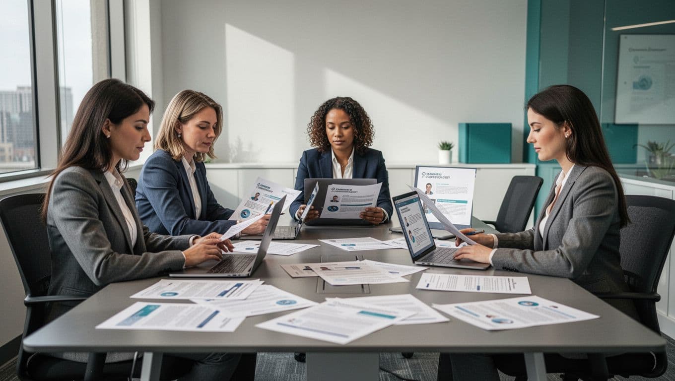 A team of three HR professionals seated at a modern conference room table, reviewing candidate resumes and profiles for cybersecurity roles, depicted in a clean illustrative style with soft lighting and green accents.
