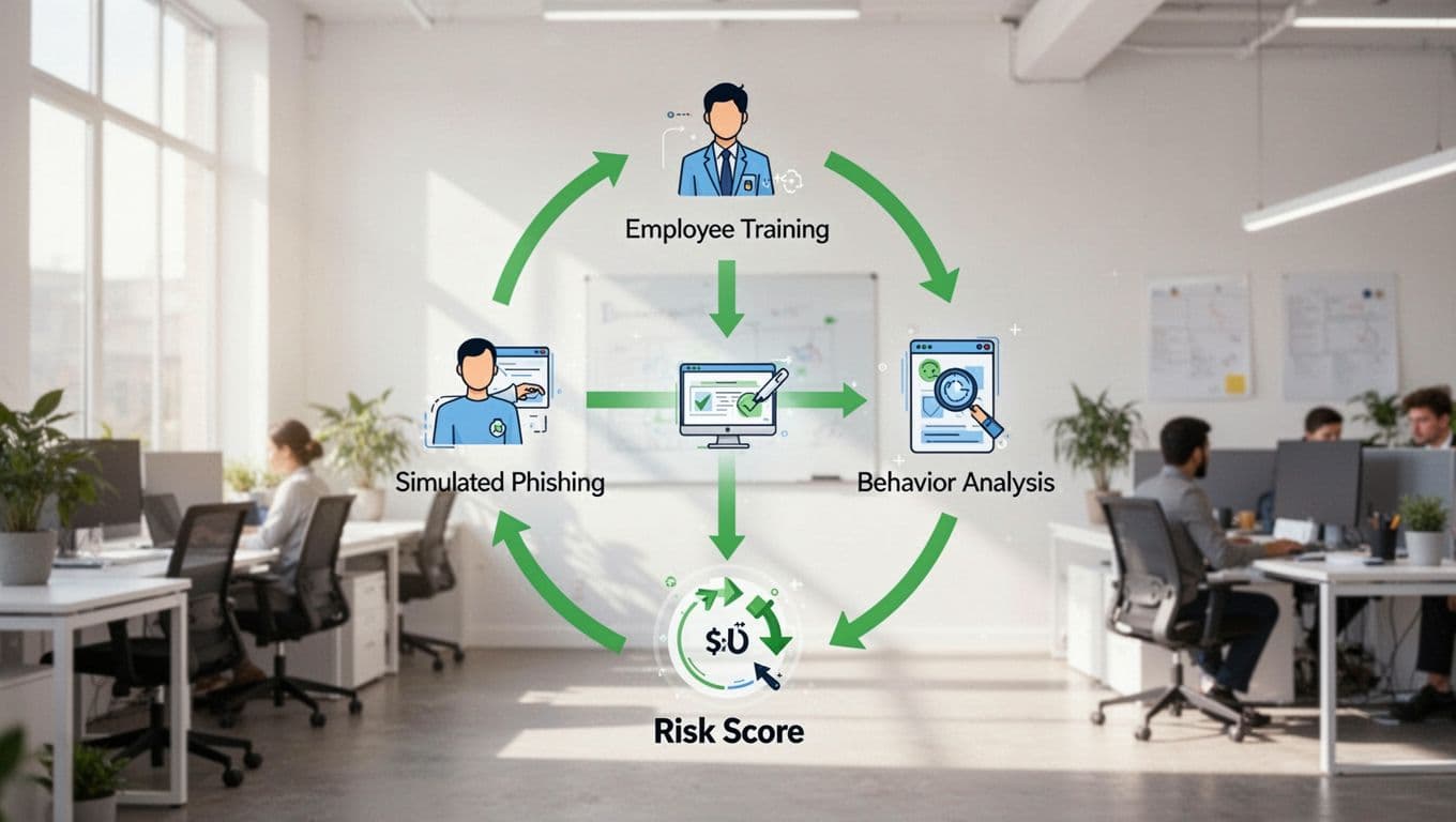 Modern illustration of a flowchart depicting the human risk assessment process, including employee training, simulated phishing, behavior analysis, and risk scoring, in an office setting with security icons using clean shapes and controlled colors.