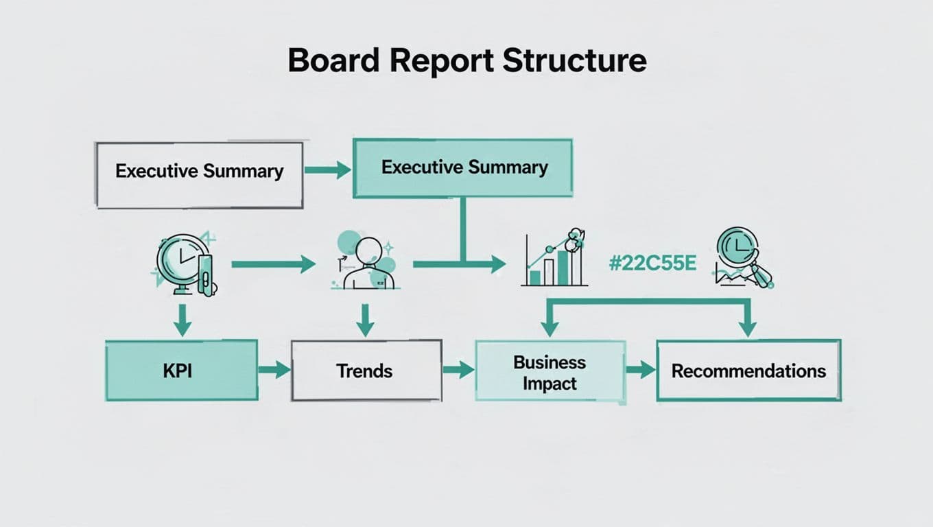 Modern illustration of a simple flowchart outlining a board report structure: executive summary leading to KPIs, trends, business impact, and recommendations. Clean shapes with a controlled color palette accented by green on arrows and boxes.