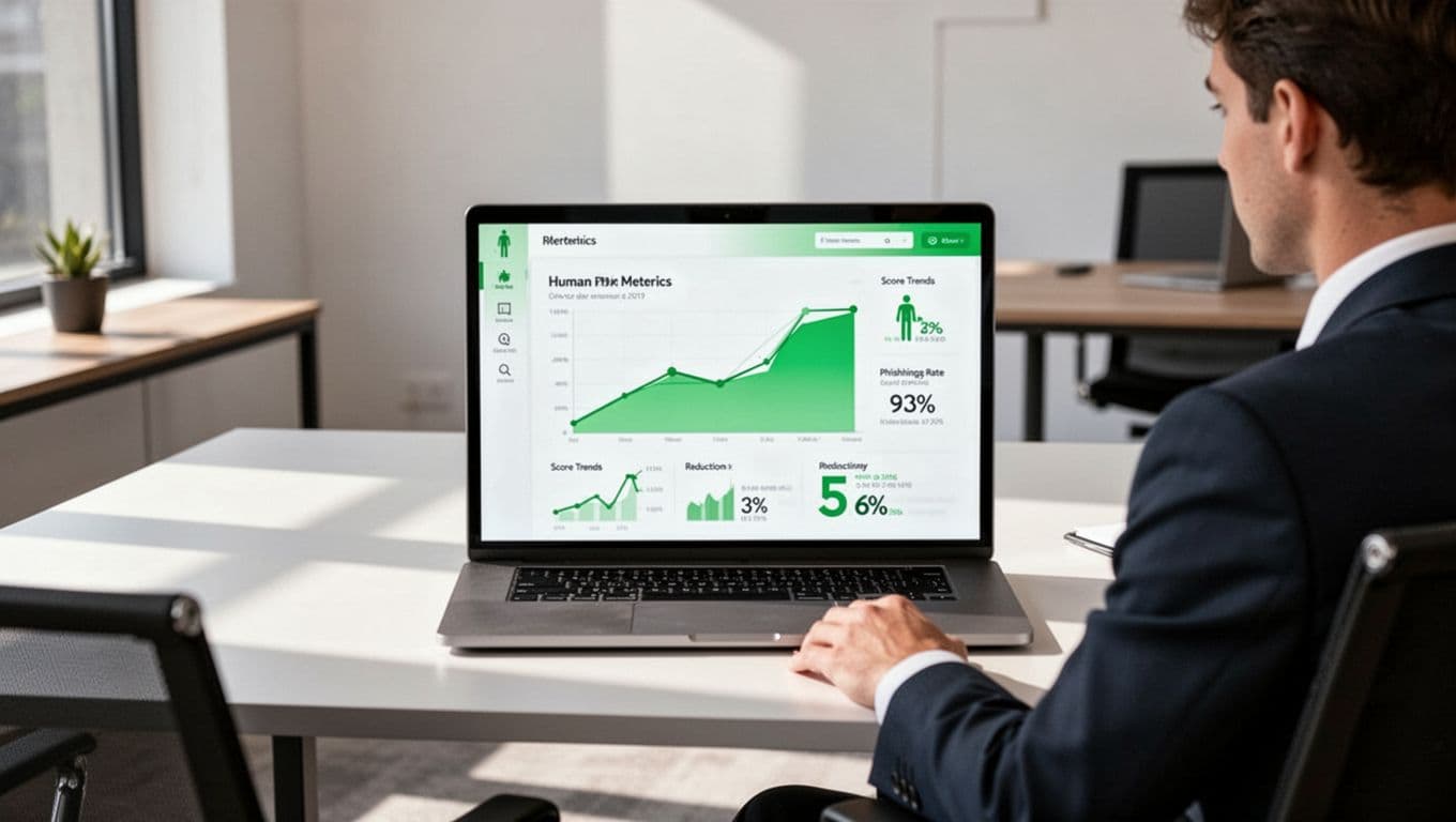 Modern illustration of a professional dashboard on a laptop screen showing charts for human risk metrics like score trends, phishing rates, and reduction percentages, viewed by one person at a modern office desk.