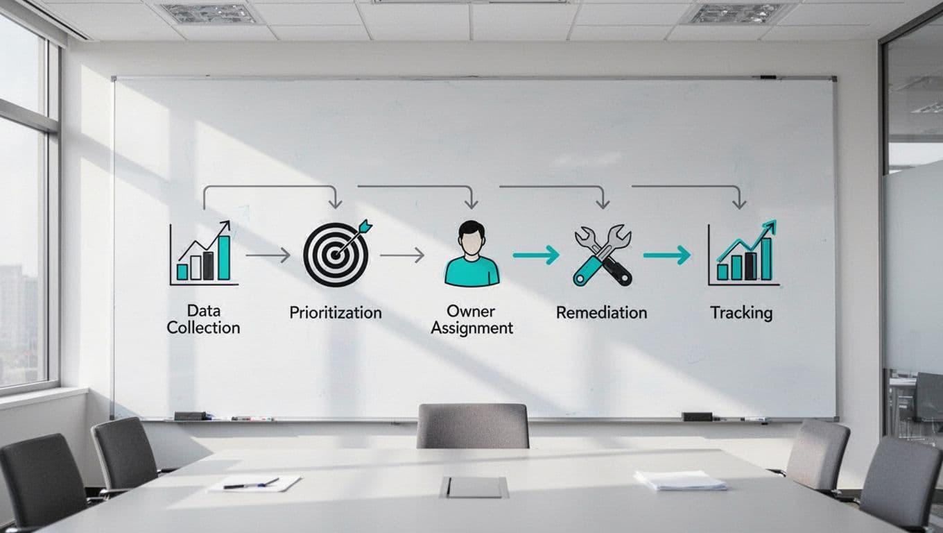 Modern illustration featuring a simple flowchart diagram for the human risk remediation process on a whiteboard in a conference room, with steps like data collection, prioritize, assign owner, remediate, and track connected by arrows and icons.