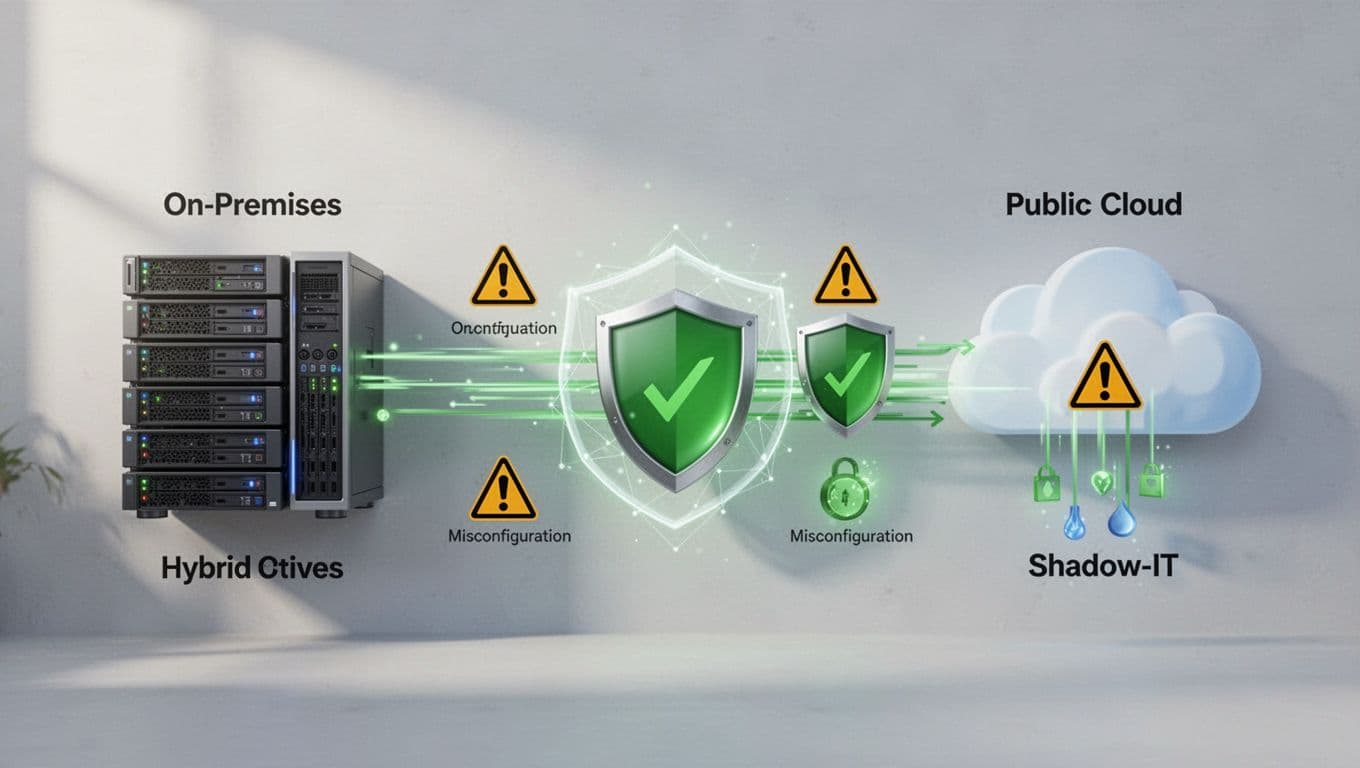 On-premises servers link to AWS and Azure clouds, security shields protect data flows, warning icons mark misconfigurations and shadow IT risks.