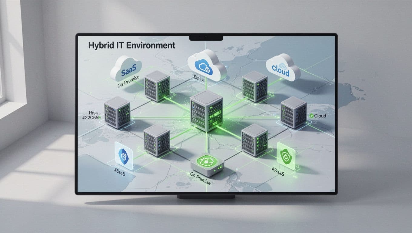 Modern isometric illustration of a hybrid IT dashboard featuring on-prem servers, cloud icons, and SaaS apps in a connected network map with green highlights on secure nodes and exposure risks.