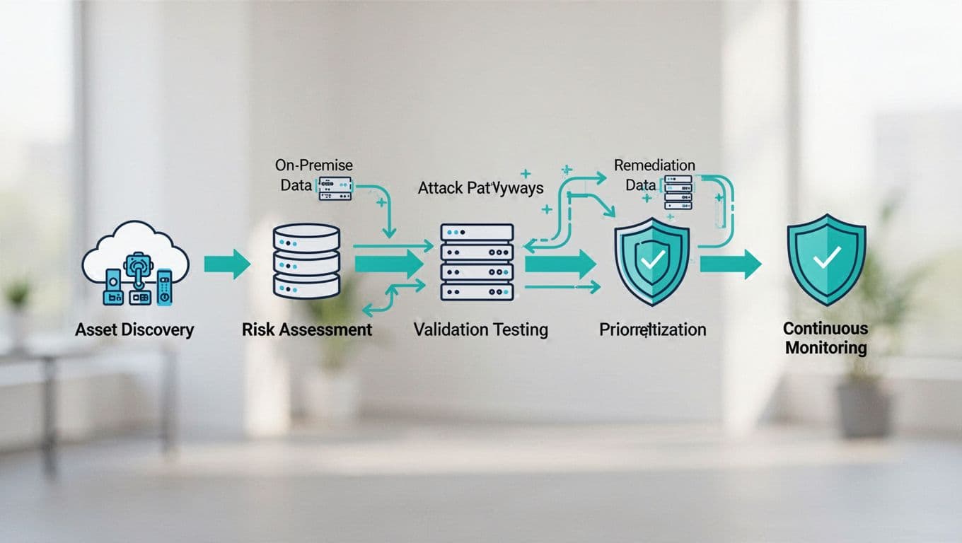 Modern illustration of a flowchart depicting the hybrid exposure validation workflow for cloud and on-premises assets, featuring steps like asset discovery, risk assessment, validation testing, prioritization, remediation, and continuous monitoring with relevant icons.