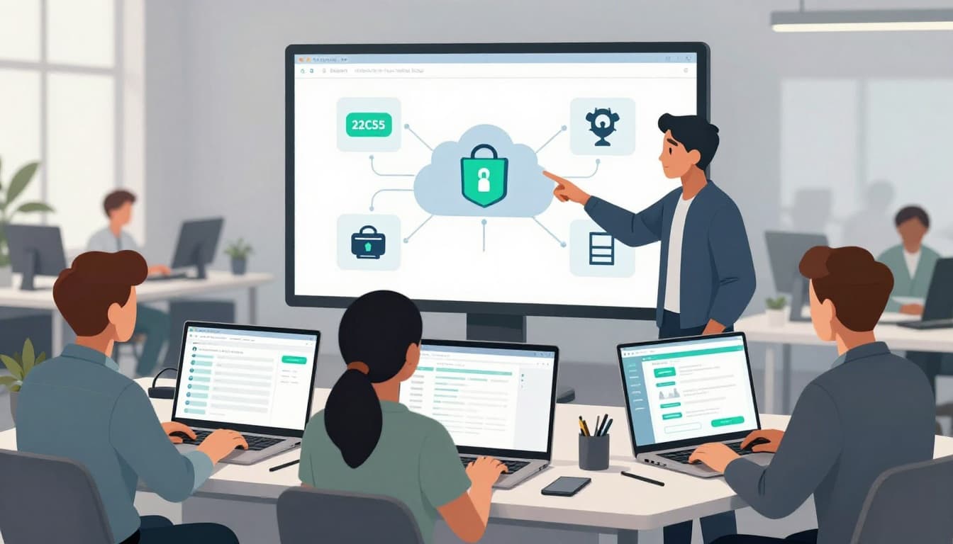 Three diverse IT professionals in hybrid office review endpoint security dashboards on laptops and monitors; one points to cloud network of device icons on screen.