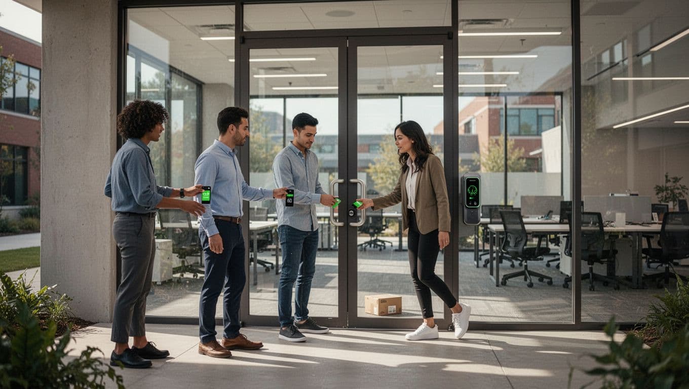 Modern illustration of a hybrid office entrance in a multi-building campus depicting variable occupancy, employees badging in, one person tailgating, empty desks through glass doors, and an unattended package, using clean shapes and a controlled color palette accented with green on badges and locks.