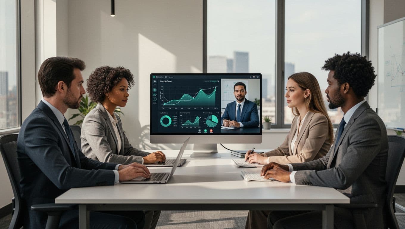 Modern illustration of an inclusive four-person security team cohort in a hybrid setup, with some members in the office and others on video call, collaboratively reviewing a metrics dashboard for internship program success. Features clean shapes, #22C55E green accents on graphs, balanced composition, and professional lighting with no text on screens.