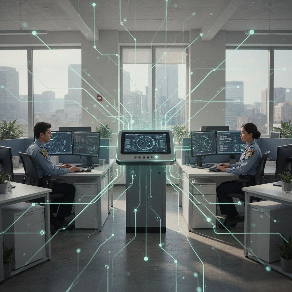 Modern illustration of a hybrid security team in a SaaS company, featuring a central security core connected to two dev pods via embedded representatives, in an open office with collaborative flow and green connection accents.