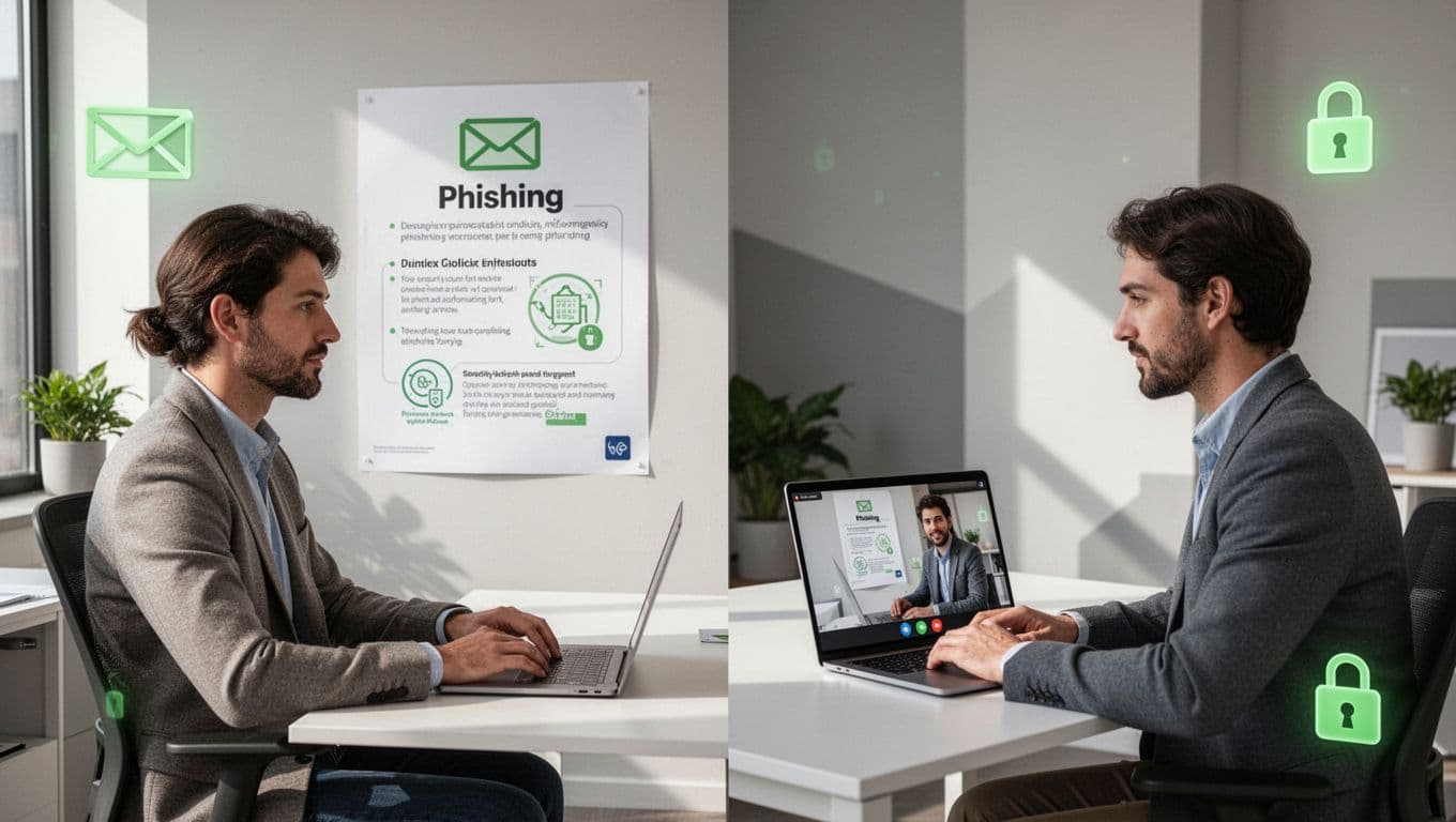 Modern illustration of hybrid team in office viewing phishing awareness poster, with remote worker on video call, green icon accents, split scene composition.