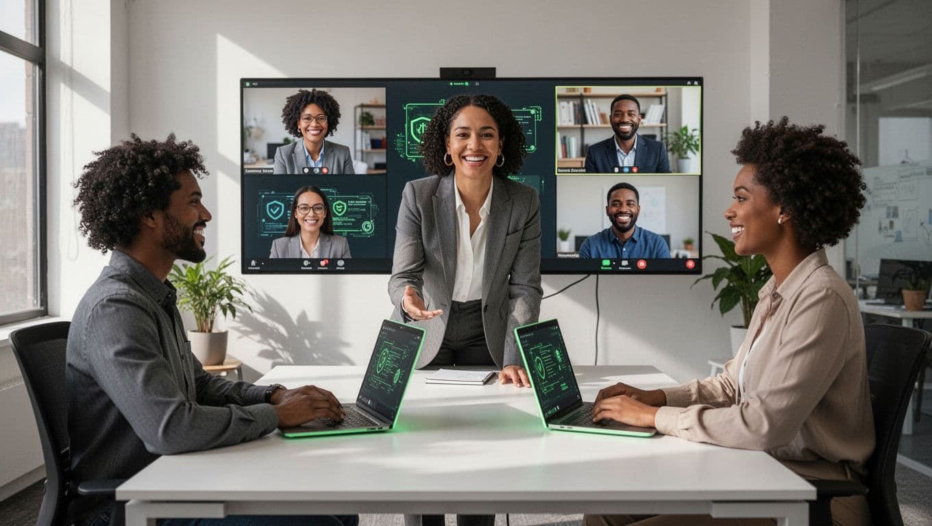 Modern illustration showing a diverse manager leading a small team meeting in a hybrid setup with some at desks with laptops and others on video screens. Focus on engaged faces discussing security, clean shapes, green accents, natural lighting.