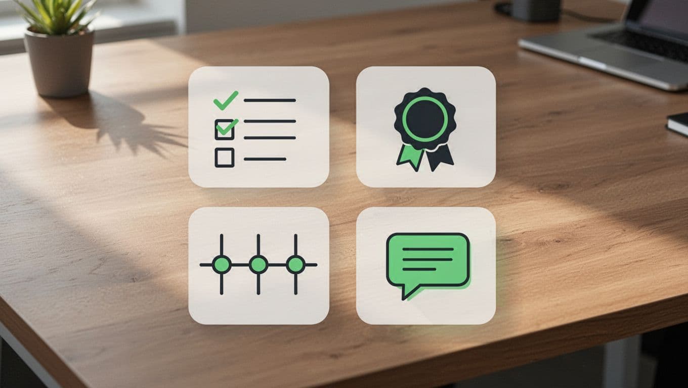 Modern illustration of essential hiring criteria icons including checklist, certification badges, experience timeline, and client testimonials, arranged in a simple grid on a desk with clean shapes, green highlights, and soft office lighting.