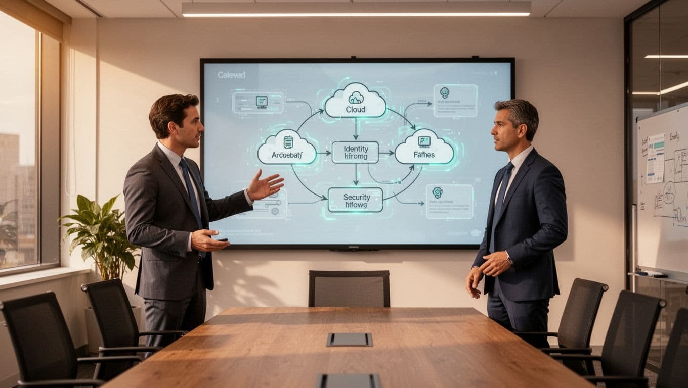 Illustrated modern office scene with an identity security architect presenting a complex identity diagram to a CISO, featuring hybrid multi-cloud flows, NHIs, and passwordless auth. Focus on discussion gestures in clean, modern style with warm lighting and green accents.
