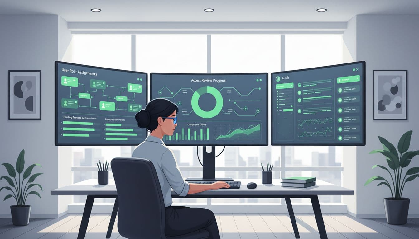 Analyst at desk with multiple screens displaying access review dashboards and user role charts in modern office.
