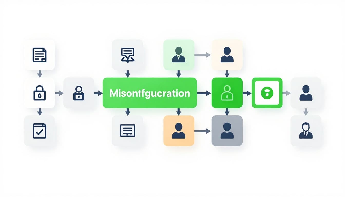 Modern flowchart illustration depicting pitfalls in identity migration like misconfigured access reviews causing risks, with secure paths highlighted in green on an abstract workspace background.