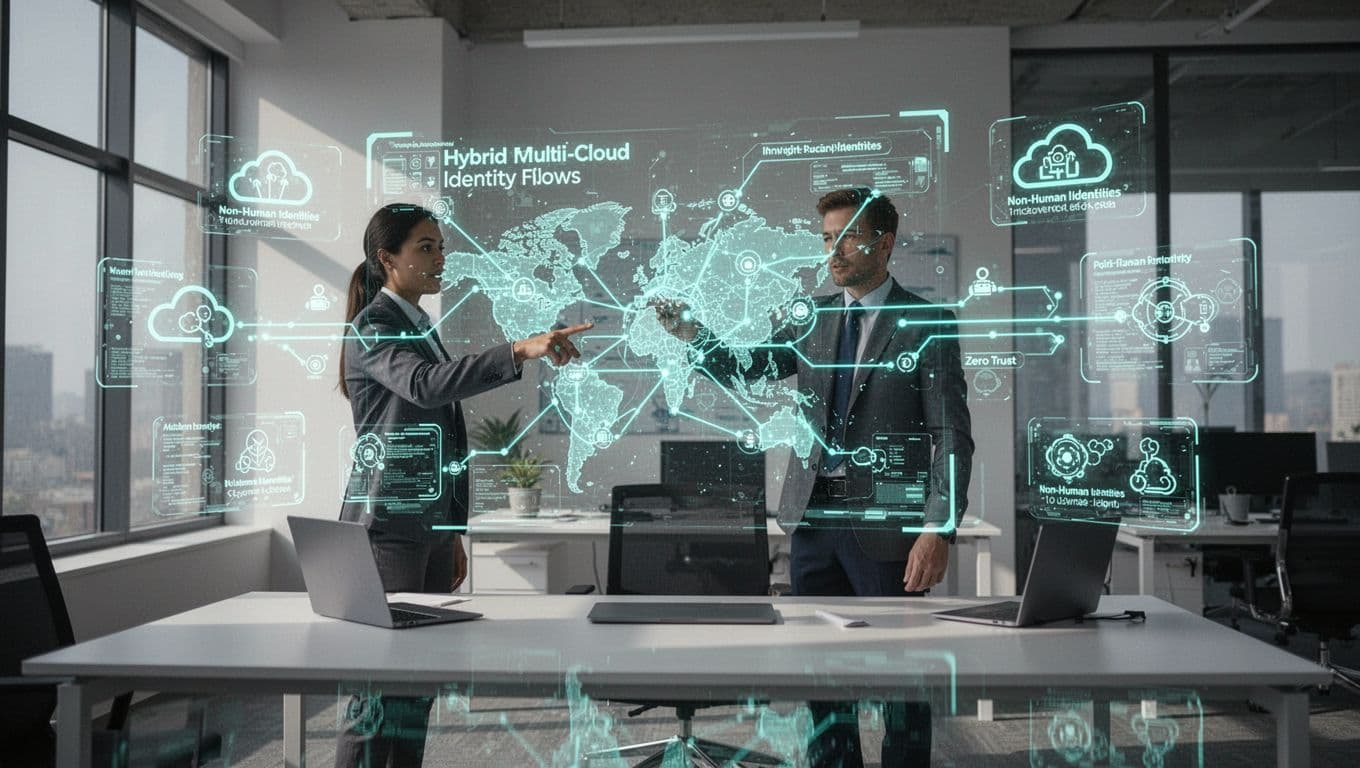 One identity security architect at a modern desk in a high-tech office, surrounded by glowing holographic displays of hybrid cloud networks, multi-cloud icons, non-human identities, and Zero Trust flows, pointing to a central complex identity map.