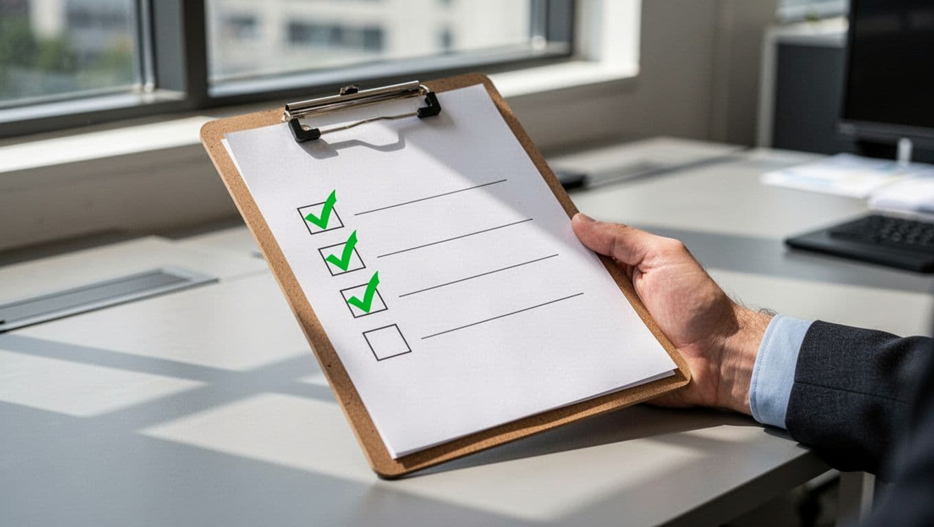 Modern illustration of a checklist clipboard with checkmarks for identity verification steps like phone callback, lock, and MFA, held by one hand in an office setting. Clean shapes, controlled colors, strong composition with #22C55E accent highlights.