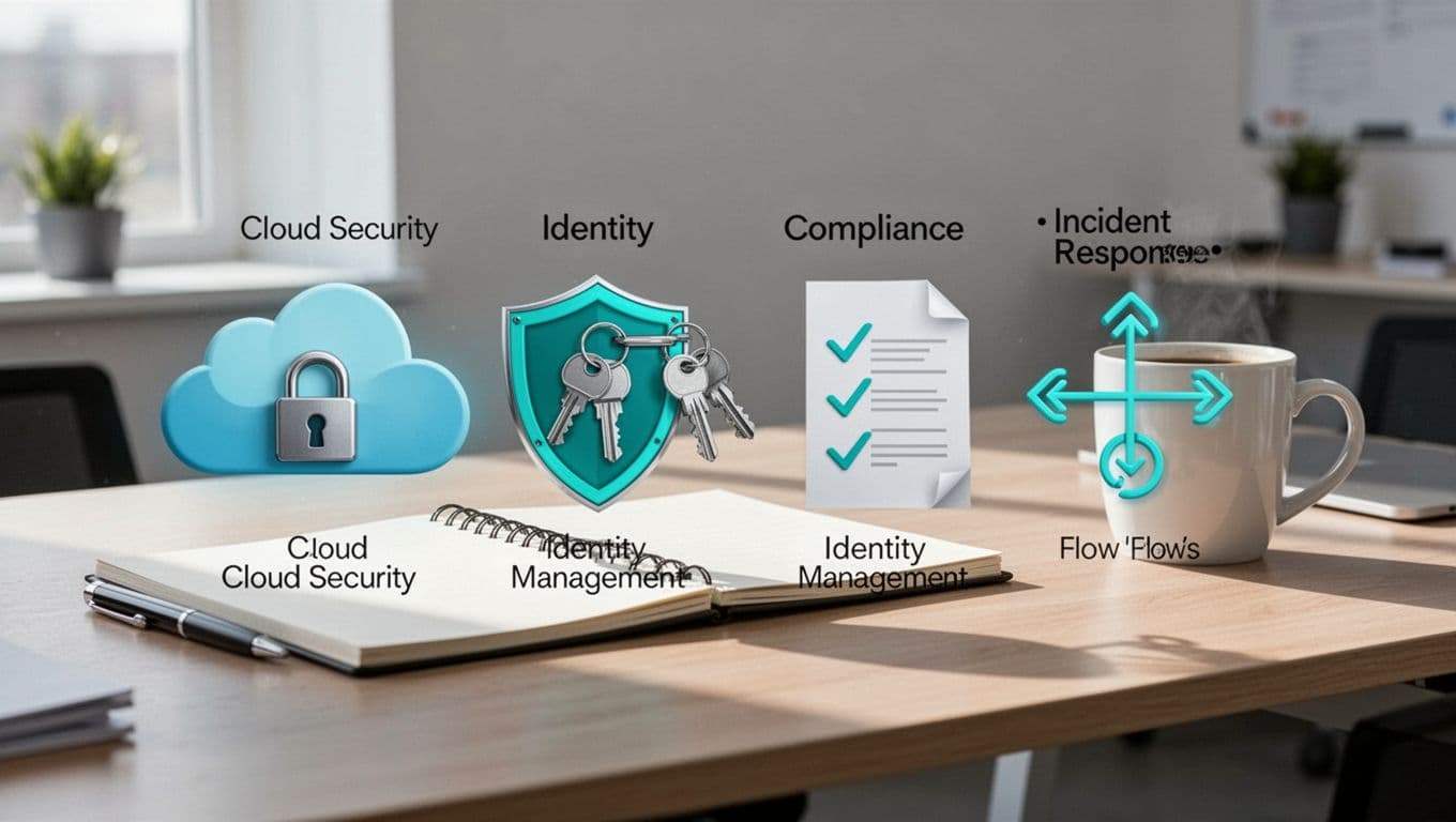 Modern illustration of in-demand cybersecurity skills for contract roles, featuring icons for cloud security, identity management, compliance, and incident response arranged on a clean office desk with notebook and coffee mug.