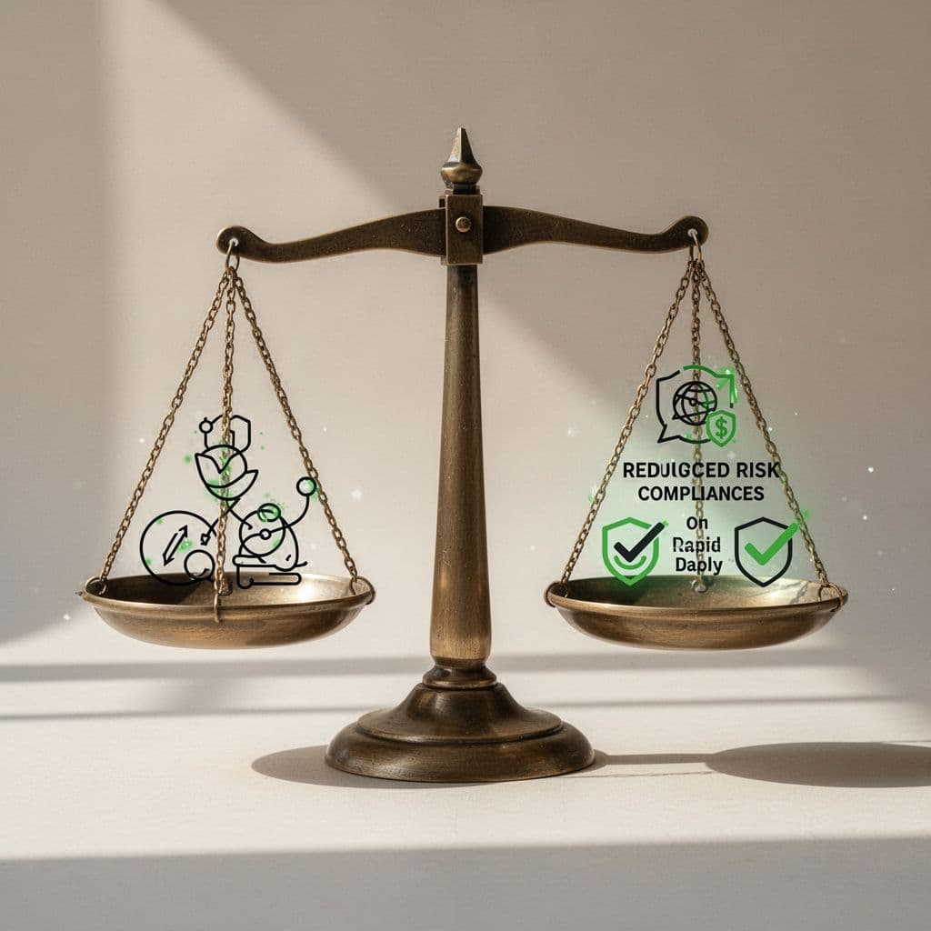 Modern illustration of a balanced scale comparing in-house vs consultant for app security, with icons showing reduced risks, compliance checks, and fast deployment advantages on the consultant side.