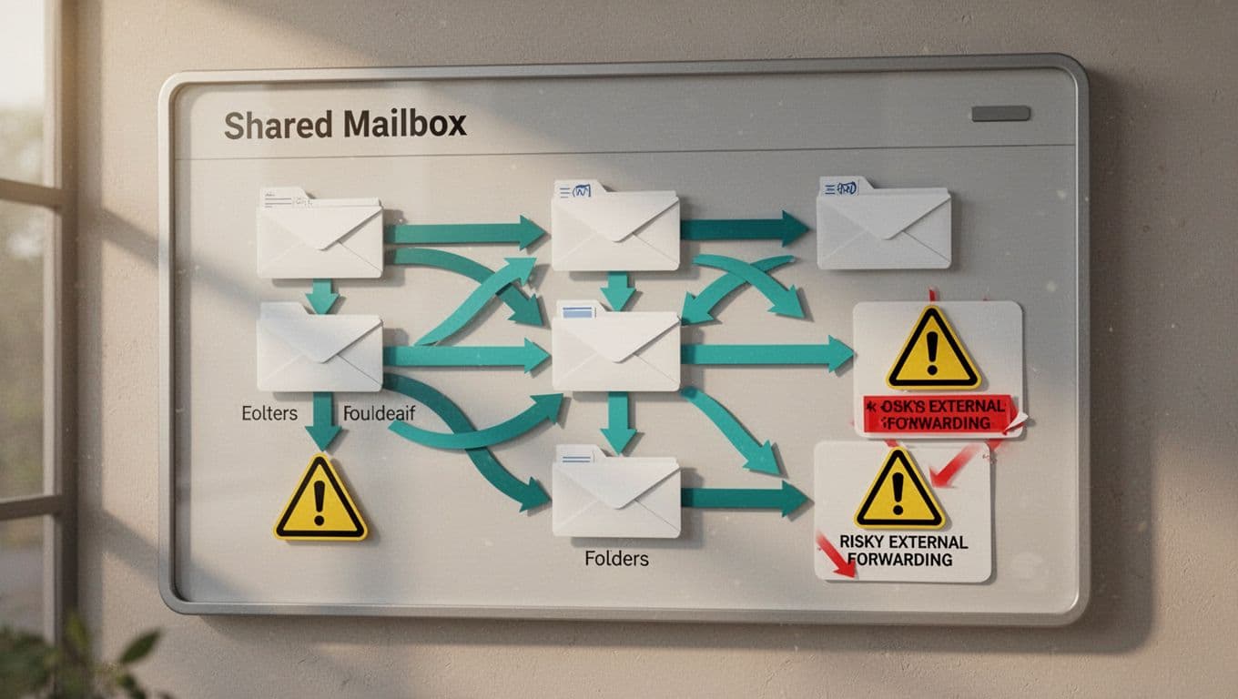 Flowchart diagram shows inbox rules, email forwarding arrows in shared mailbox, and fraud warning icons.