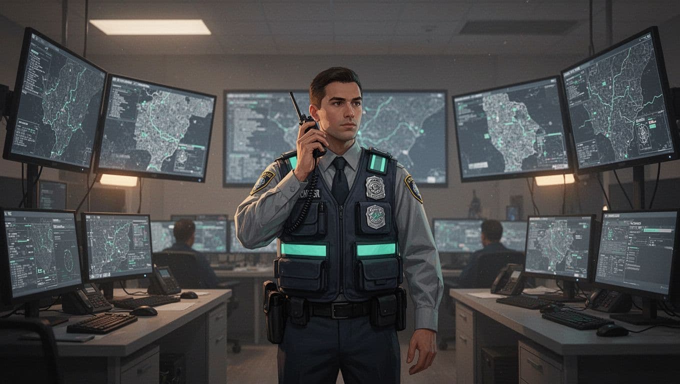 Confident incident commander stands at center of busy crisis command center, coordinating via radio amid screens with maps.