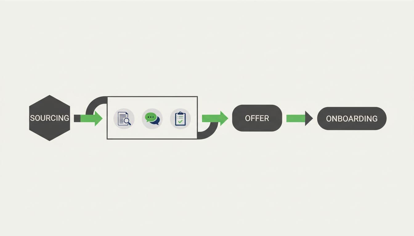 Abstract diagram shows hiring steps from sourcing candidates to onboarding with icons for resume review, interview, and evaluation, green accents on arrows.