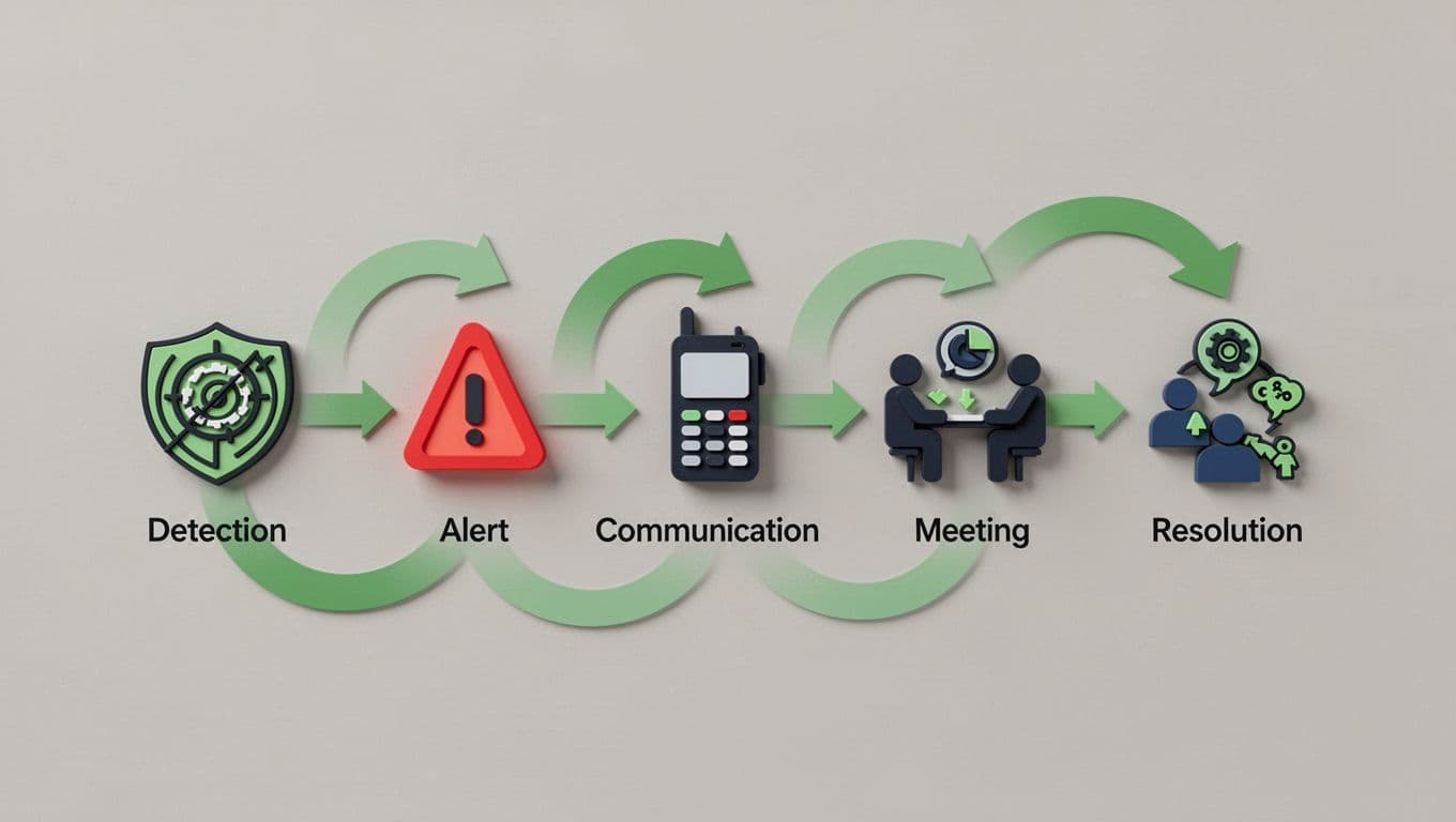 Modern illustration showing a flowchart of the incident escalation process from detection to resolution, featuring icons for alerts, phone calls, and meetings with clean shapes, controlled colors, strong composition, neutral background, and green accents on arrows.
