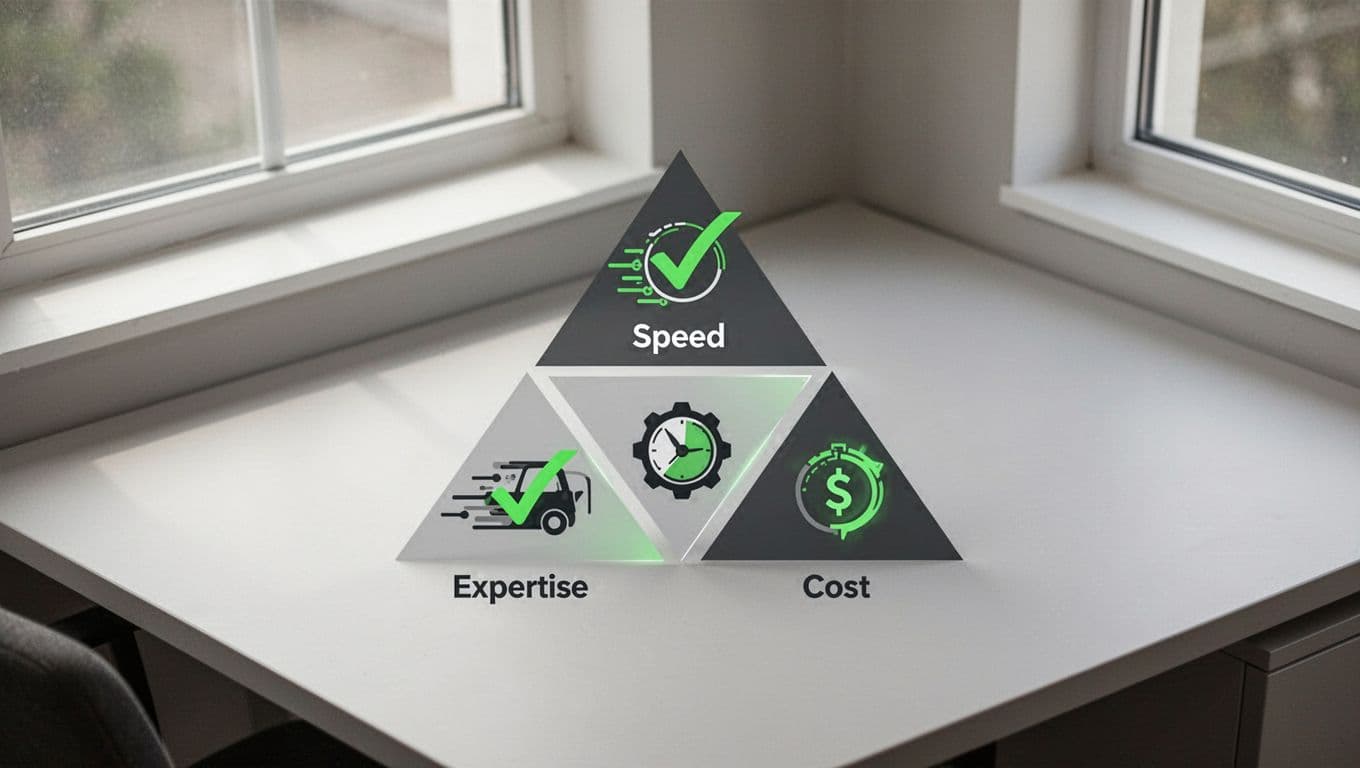 Modern illustration depicting a decision flowchart for choosing incident response consultants: simple icons for criteria like speed, expertise, cost arranged in a balanced pyramid on a clean desk background, subtle #22C55E accents on checkmarks, clean shapes, controlled neutral palette, strong composition from above angle, no text, no people, no extra elements.