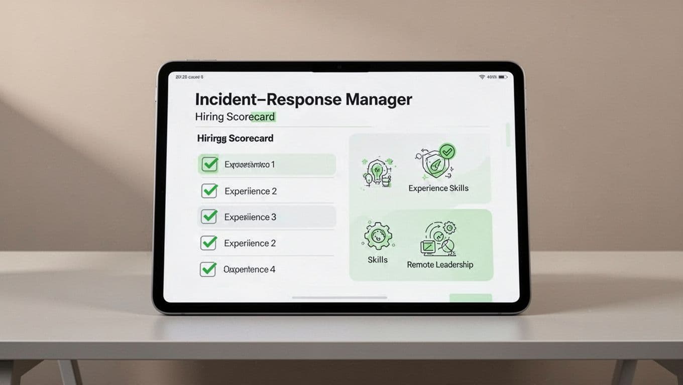 Digital tablet on desk shows illustrated hiring scorecard with green checkmarks for experience, skills, and leadership.