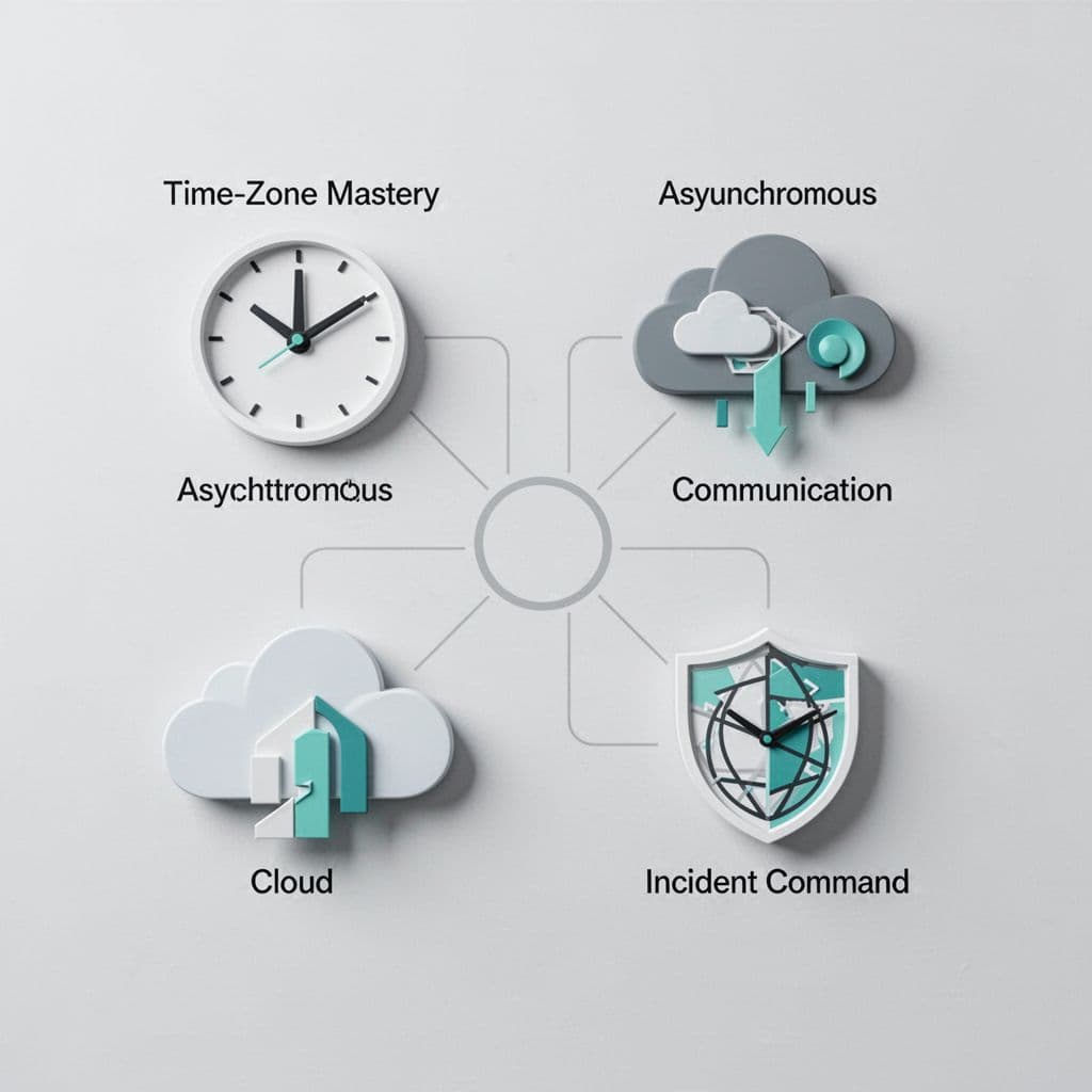 Grid of icons showing time-zone mastery, async comms, cloud expertise, and incident command with subtle connections and green accents.