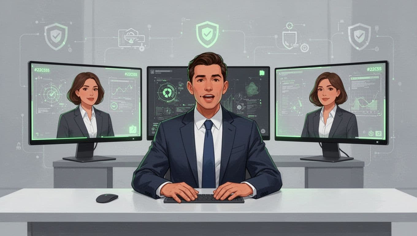 Modern illustration of an incident response manager confidently speaking in a video interview with three hiring panelists on screens, assessing leadership under pressure in a professional setting with subtle security icons.
