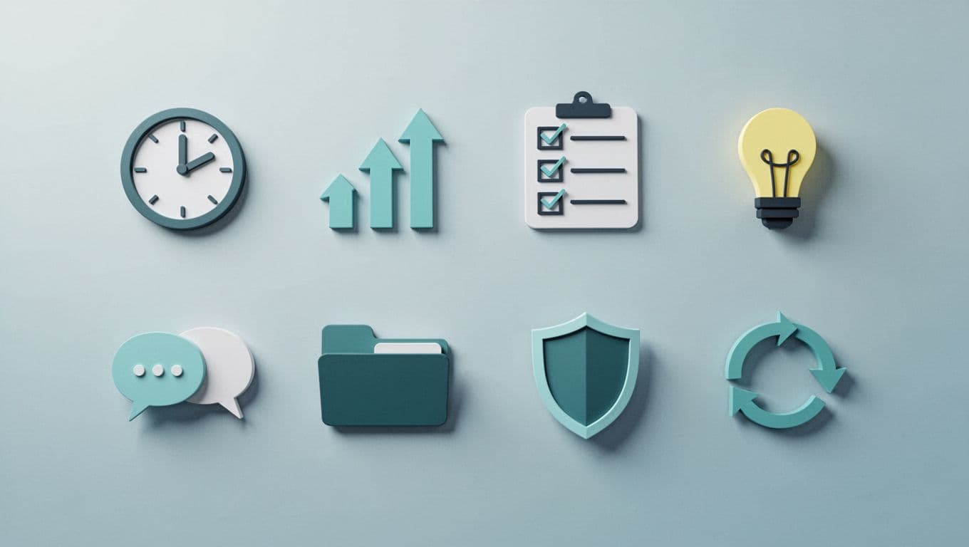 Eight icons in dashboard layout depict incident response metrics: clock, upward arrows, checklist, lightbulb, speech bubbles, folder, shield, recovery loop.