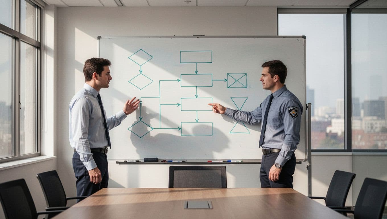 Security analyst points to whiteboard flowchart showing severity levels and escalation paths in bright conference room.