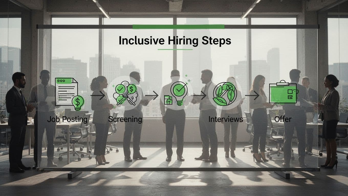 Modern illustration in clean shapes and controlled colors with #22C55E accents featuring a simple flowchart of inclusive hiring steps on a digital board, including icons for job posting, screening, interviews, and offer, against an office background with diverse silhouettes.