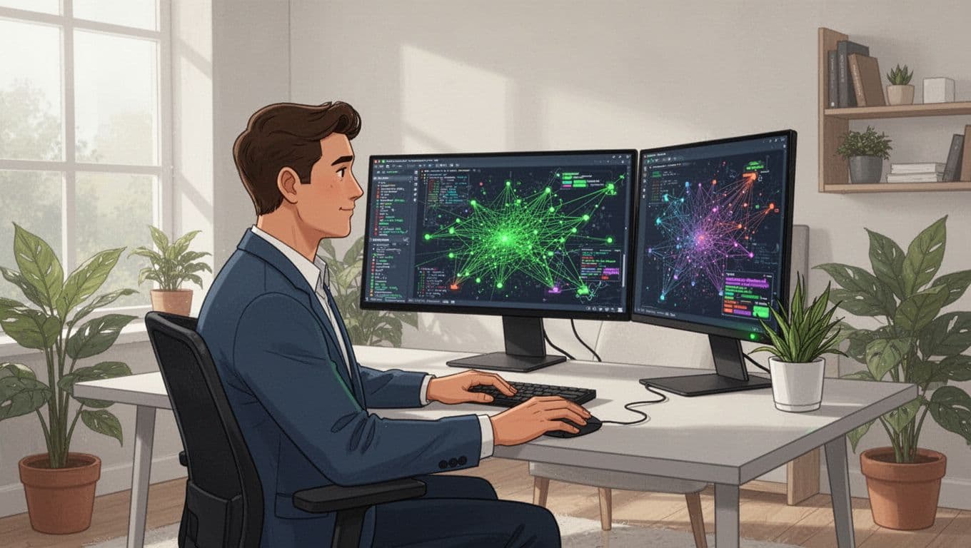 A professional independent network security consultant in business casual attire seated at a desk with dual monitors showing network diagrams and security alerts in a modern home office with plants and soft lighting.