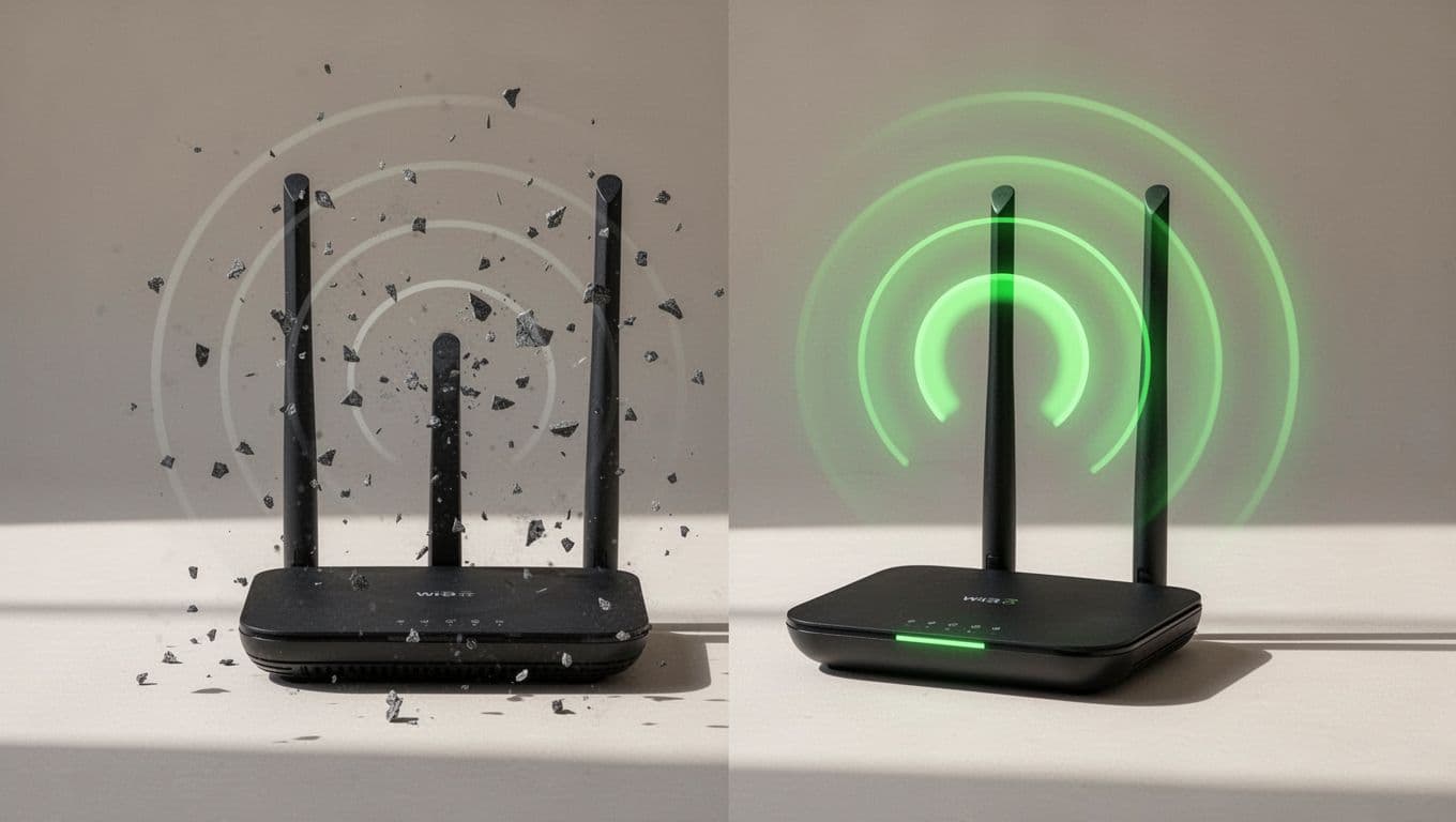 Side-by-side Wi-Fi routers: left insecure with cracked lock and exposed signals, right secure with strong lock and shielded signals.