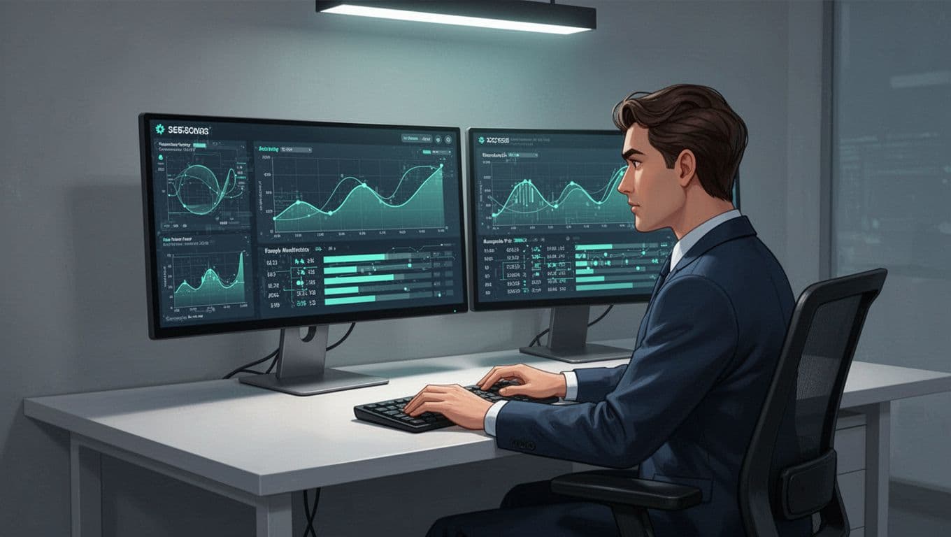 Focused security analyst at desk with dual screens showing log graphs and activity timelines.