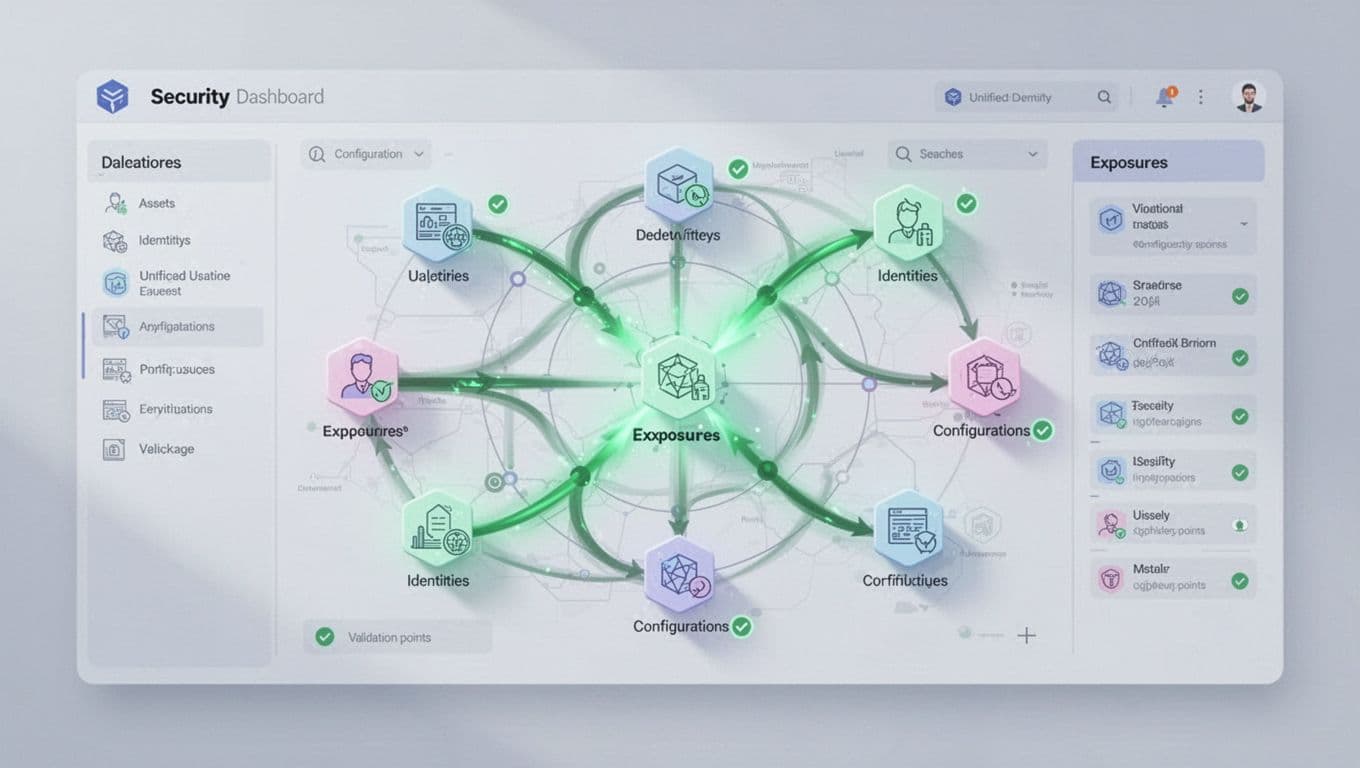 Modern illustration of a unified security program dashboard with a central network map connecting assets, identities, and configurations via attack paths, highlighted risks in green, and validation checks.