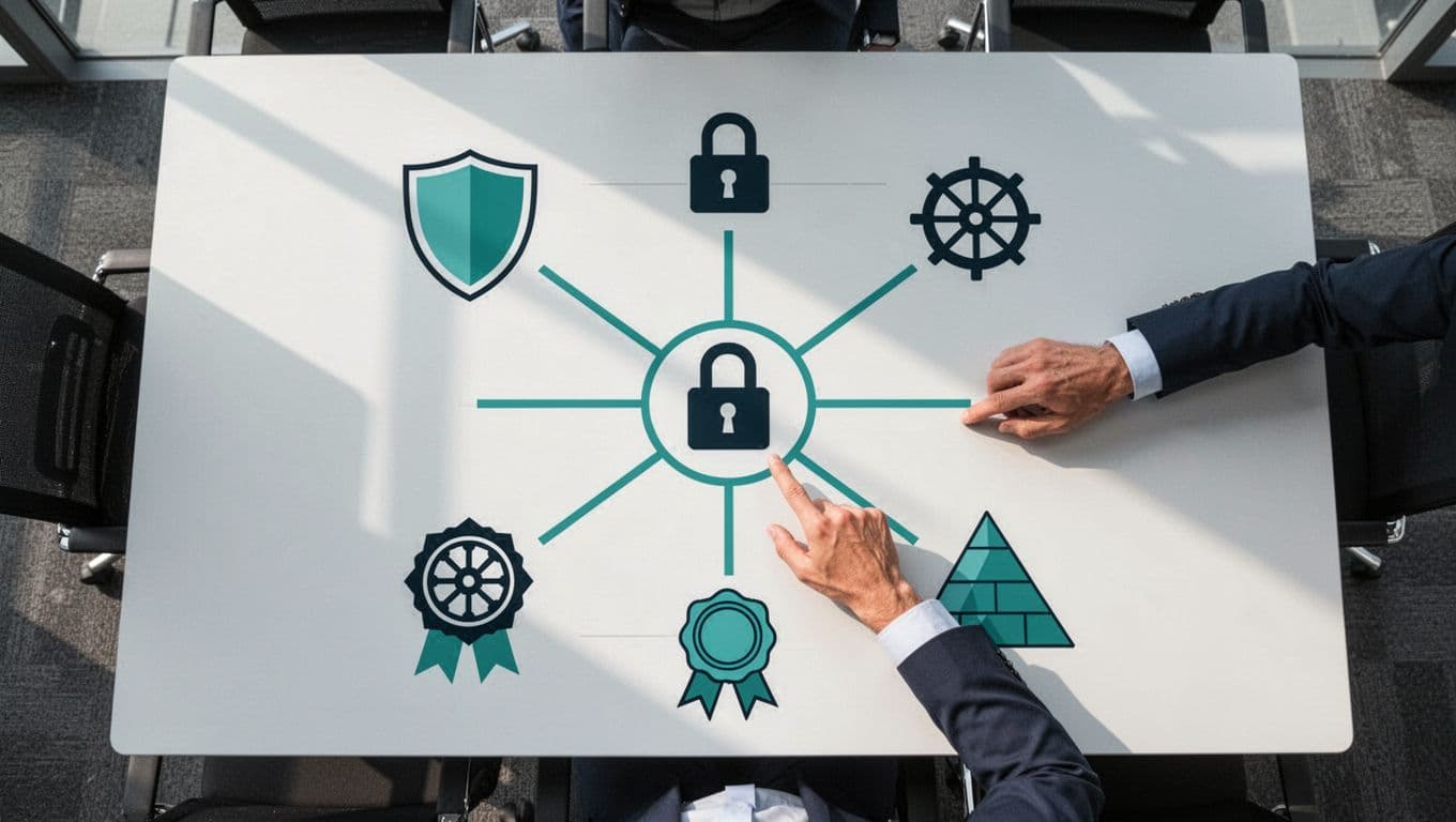 Modern top-down illustration of key cybersecurity compliance frameworks icons including SOC 2 badge, ISO 27001 wheel, NIST pyramid, HIPAA shield, and GDPR lock, arranged in a connected network diagram on a conference table with a consultant's hand pointing to the center hub.