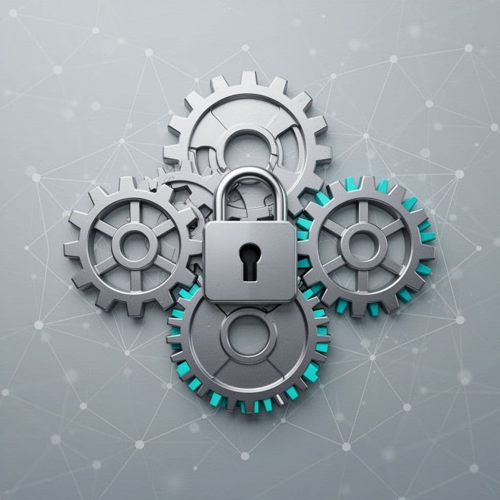 Modern illustration featuring interconnected gears symbolizing strategy, support, and innovation, forming a secure lock against a subtle network background with green accents.