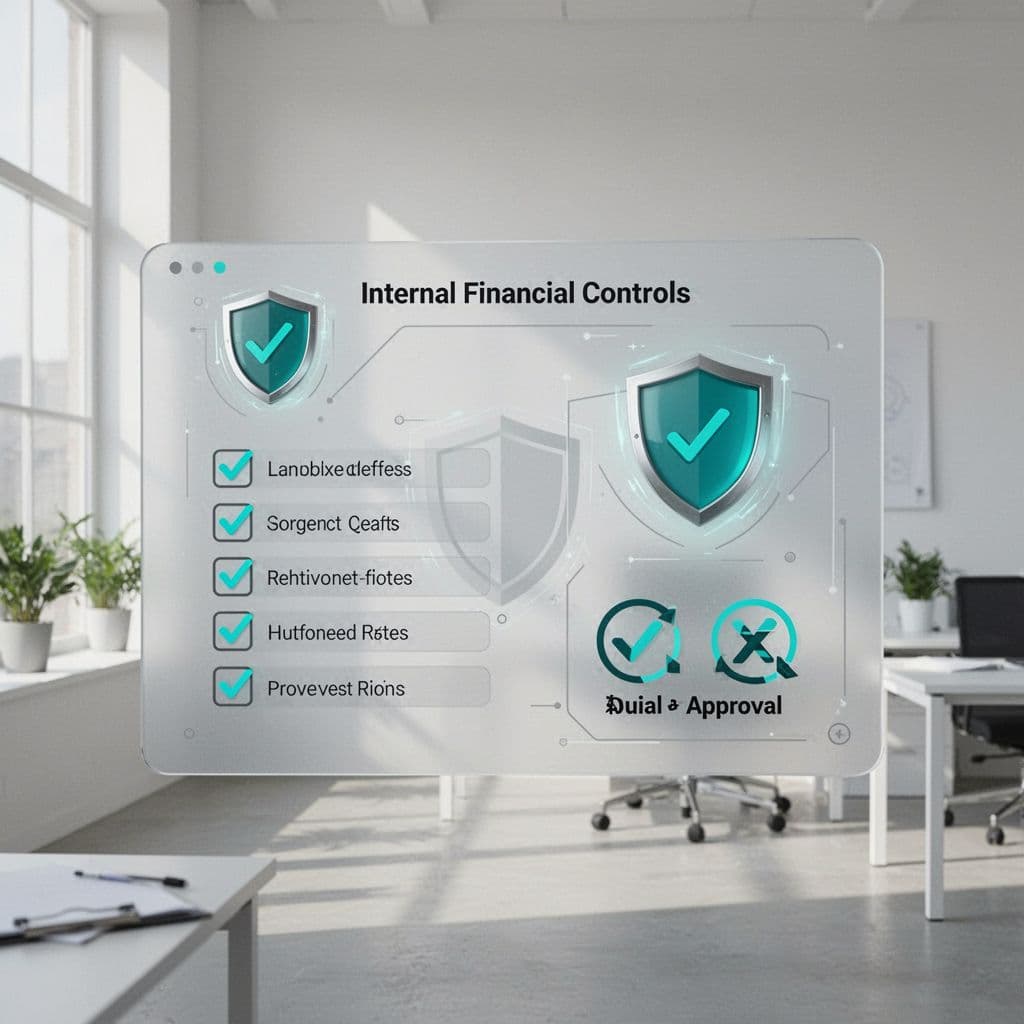 Modern illustration of an internal controls dashboard or checklist for fraud prevention in a finance office, featuring icons for dual approval, callback policy, and training with subtle shield motifs in clean shapes and #22C55E accents.