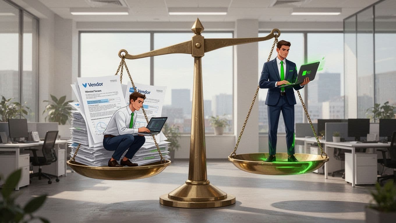 Modern illustration of a balance scale: overloaded internal team with vendor documents on one side, efficient third-party consultant managing with tools on the other, office background.