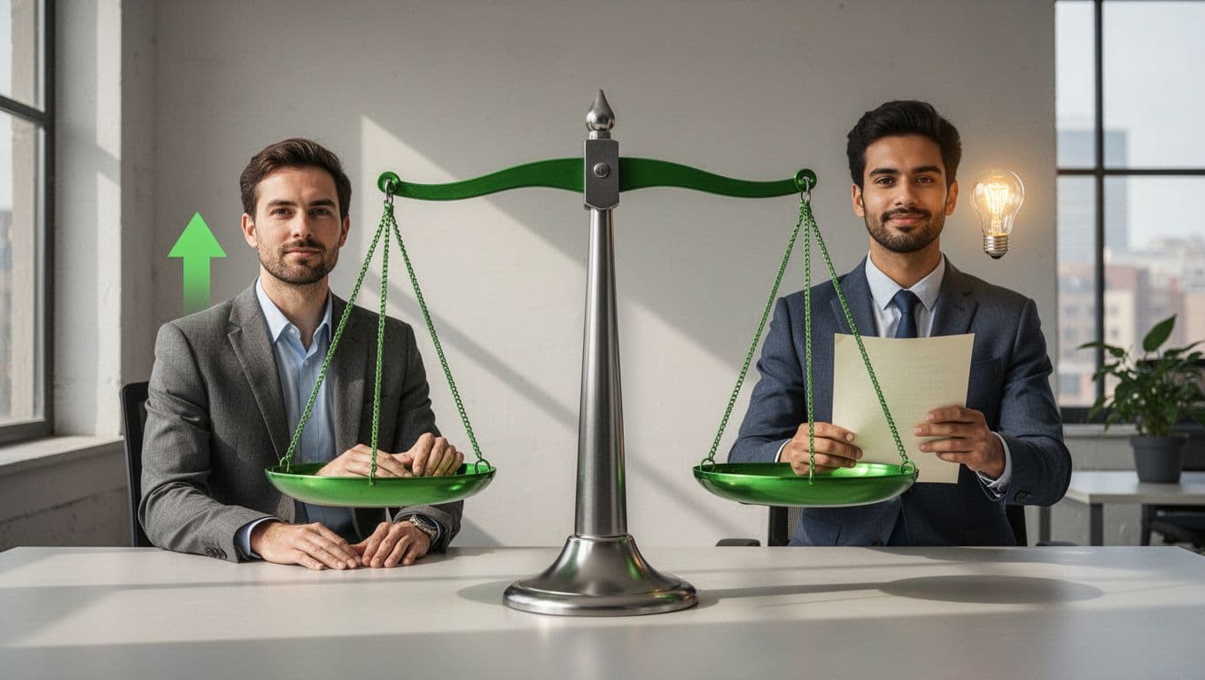 Modern illustration of a balance scale in a neutral office comparing internal promotion (employee with growth arrow and badge) against external hire (candidate with resume and lightbulb idea), using #22C55E accents.